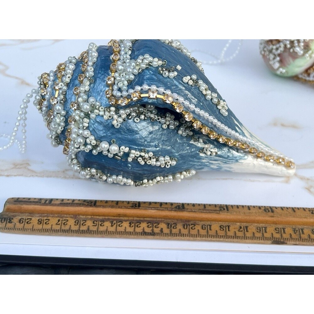 Large Jeweled Seashell Christmas Ornaments Pearl Beaded Rhinestone Coastal Pair - Picture 11 of 16